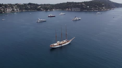 Barque-Sailing-Yacht-with-Three-Masts-on-Mediterreanean-Sea,-Aerial-Drone-View