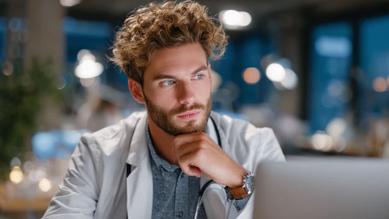 Focused male professional in a lab coat contemplating his next steps while working on a laptop in a modern workspace with ambient lighting and a thoughtful expression
