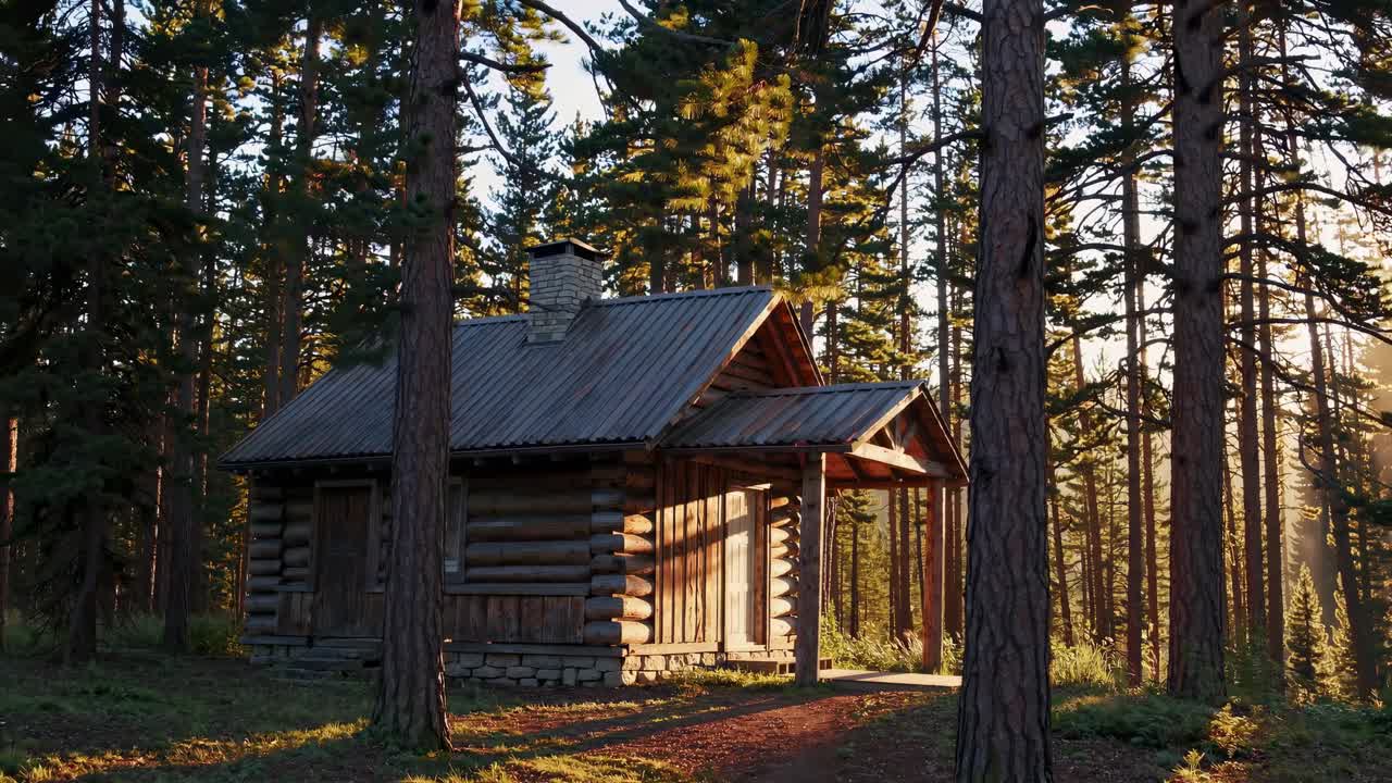 Rustikk hytte i en solfylt skog, fanget i øyehøyde. Videoen fremkaller ro og stillhet.