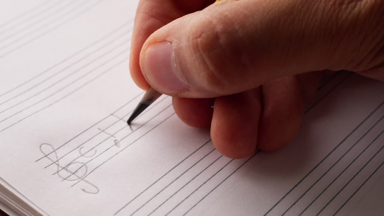 Close-up of a white hand carefully writing musical notes on sheet music using a pencil