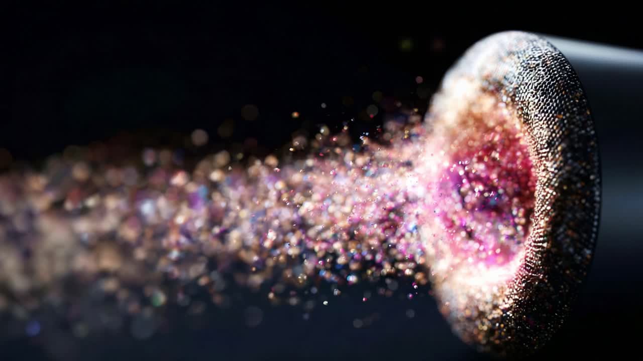 A Close-Up View of Glitter Exploding from a Microphone, Capturing the Dazzling Sparkles and Fine Particles as They Erupt into a Spectacular Spray of Colorful Dust