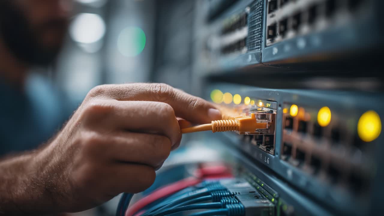 Technician Connecting Ethernet Cable to Network Switch in Data Center, Ensuring Stable Connectivity and Optimal Performance of Network Infrastructure