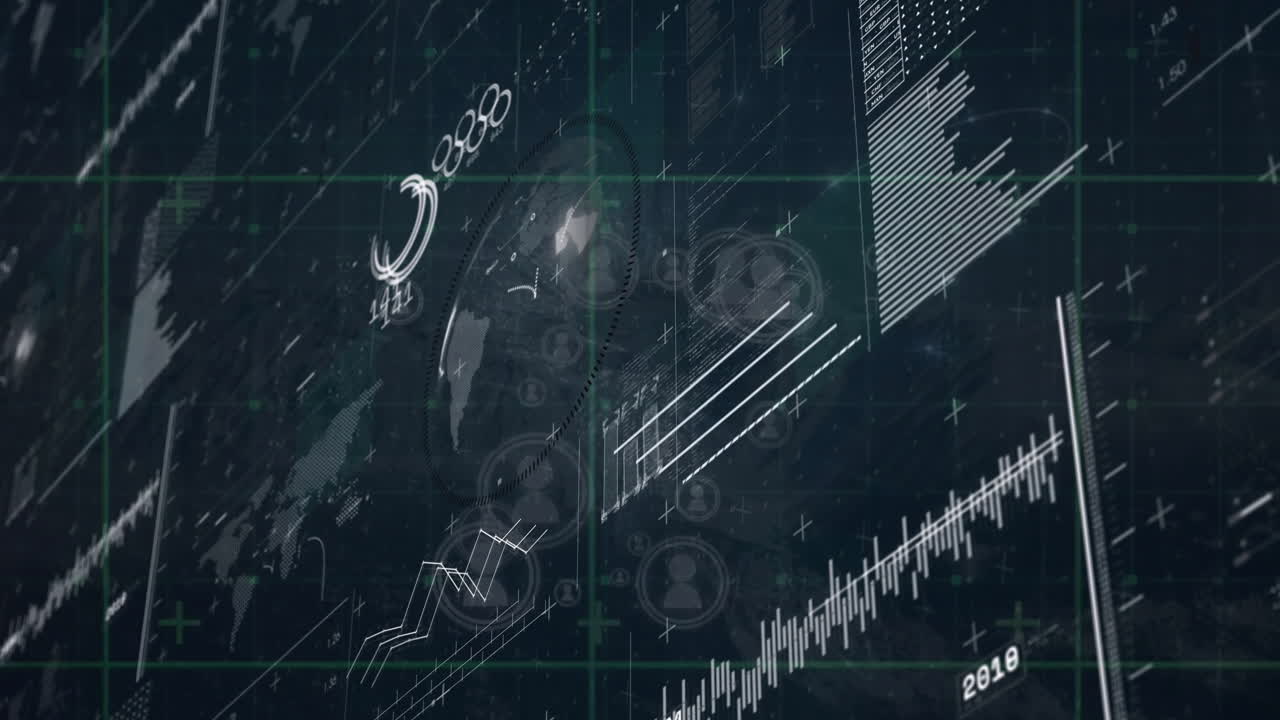 Animation of media icons over diagrams and data processing