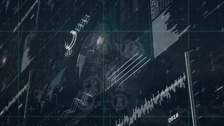 Animation of media icons over diagrams and data processing