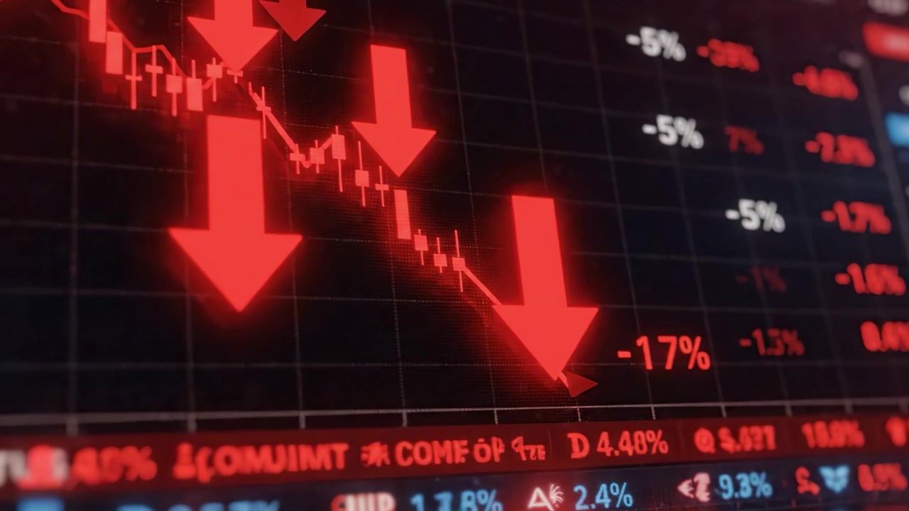 Dramatic Decline in Stock Market Indicators: Visual Representation of Downward Trends with Sharp Red Arrows and Declining Metrics in Financial Analytics