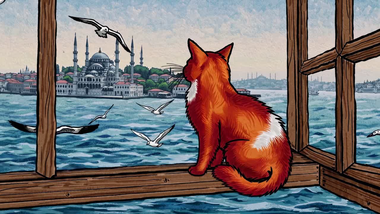 Ginger cat resting on windowsill, gazing at seagulls soaring over shimmering ocean waters with distant mosque silhouetted against bright sky