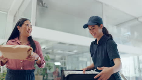 businesswoman receiving food delivery