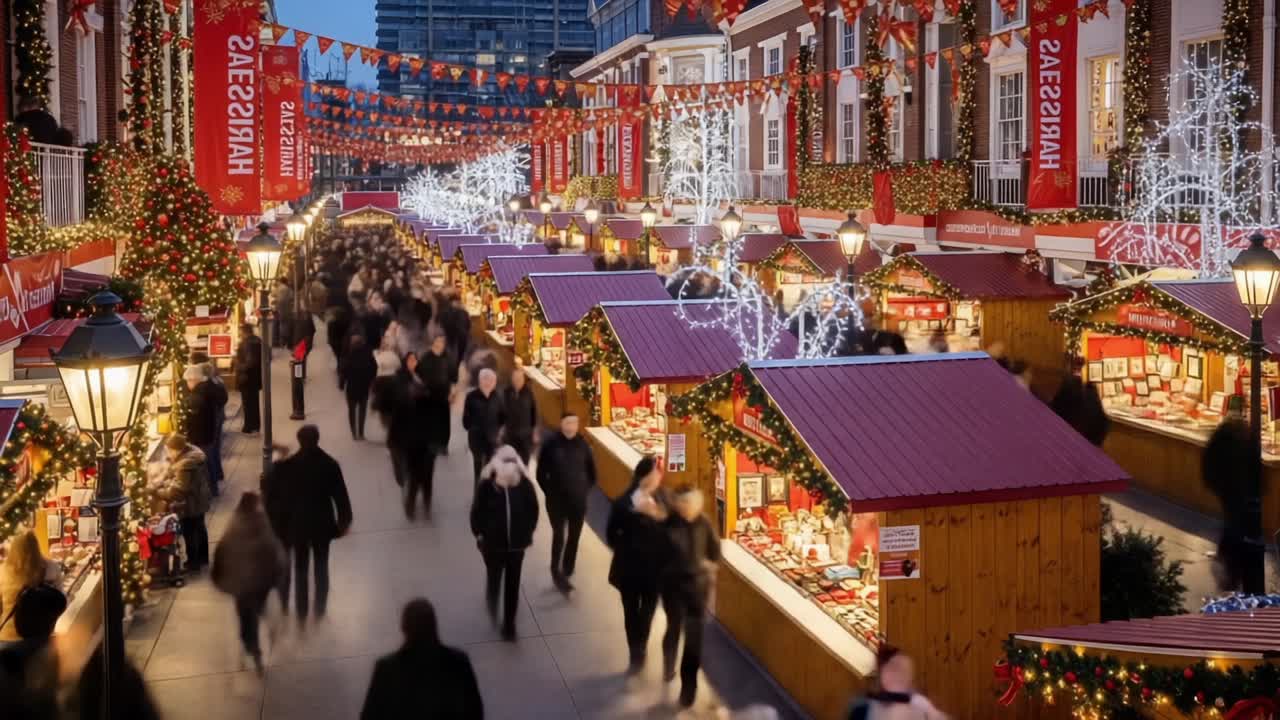 A Festive Marketplace Bustling with Holiday Shoppers, Adorned with Lights and Decorations, Showcasing Unique Gifts in a Charming Winter Wonderland Atmosphere