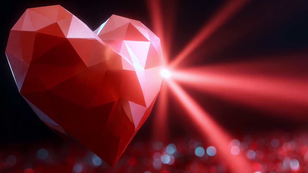 A Stunning Representation of Love: A Vibrant, Geometric Heart Sculpture Radiating Light and Reflections Against a Shimmering Background, Symbolizing Passion and Emotion in a Colorful Display