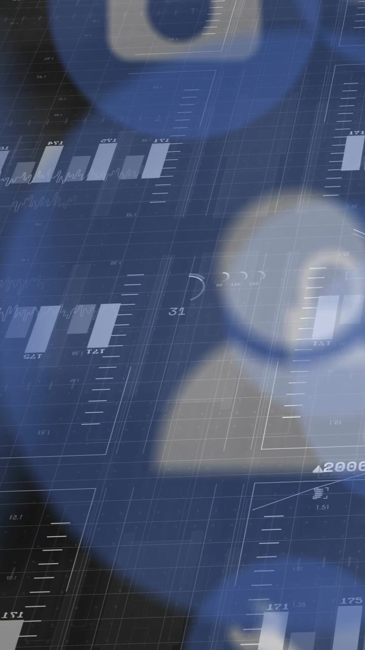 Vertikal video: Diagram starter HUD, søjler pulserer, ikoner glider, spinner roterer, opdaterer målinger
