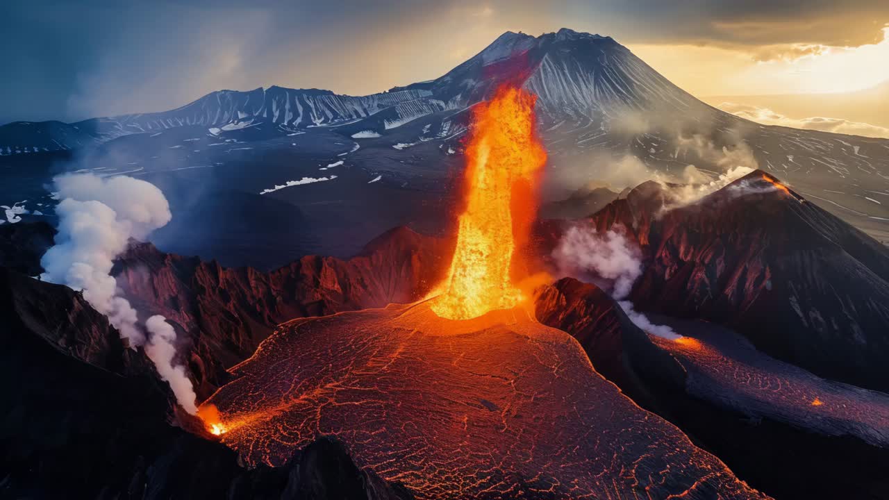 A volcano erupts with lava spewing out of it. The lava is flowing down a mountain
