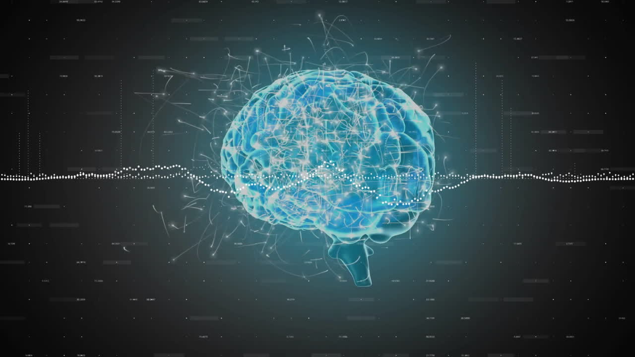 어두운 배경에서 뇌 위의 디지털 데이터 처리의 애니메이션