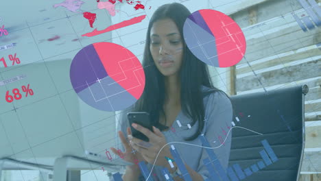 animación del procesamiento de datos financieros sobre una mujer de negocios biracial que usa un teléfono inteligente