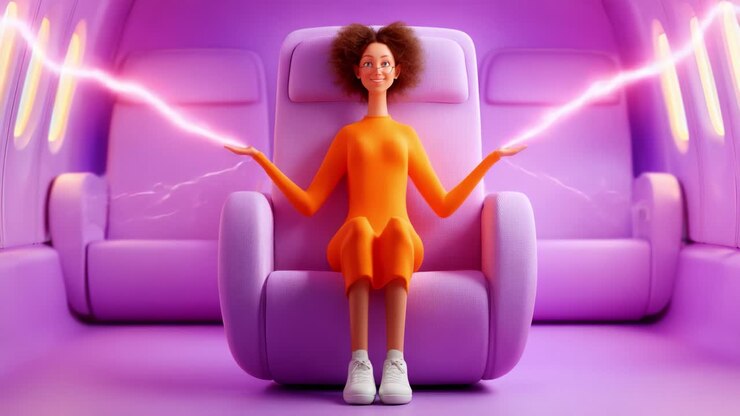Una giovane donna vive un momento emozionante di energia e colori vibranti, seduta comodamente su una sedia moderna mentre correnti elettriche scaturiscono dalle sue mani in un ambiente visivamente sorprendente