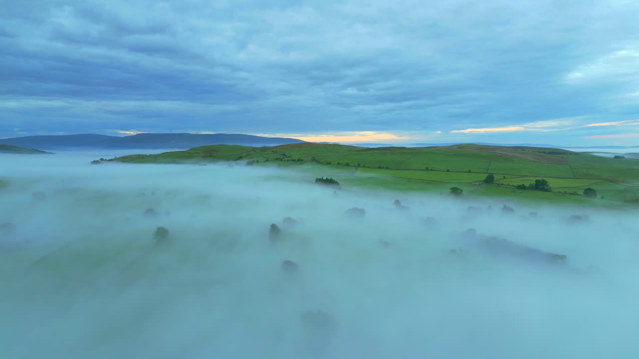 volando sobre árboles envueltos en niebla hacia campos verdes y montañas lejanas con nubes pesadas al amanecer