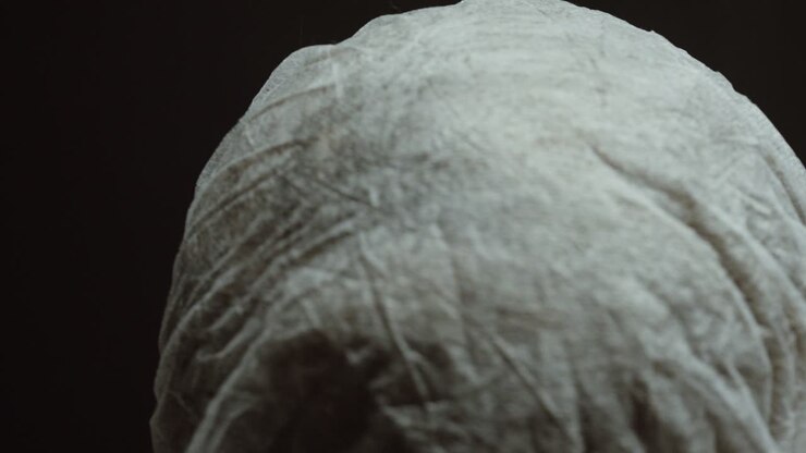 Close-up of a person already wearing a disposable medical hair net, slowly turning their head. Concept of hygiene compliance, safety standards, and professional cleanliness in medical, laboratory, foo