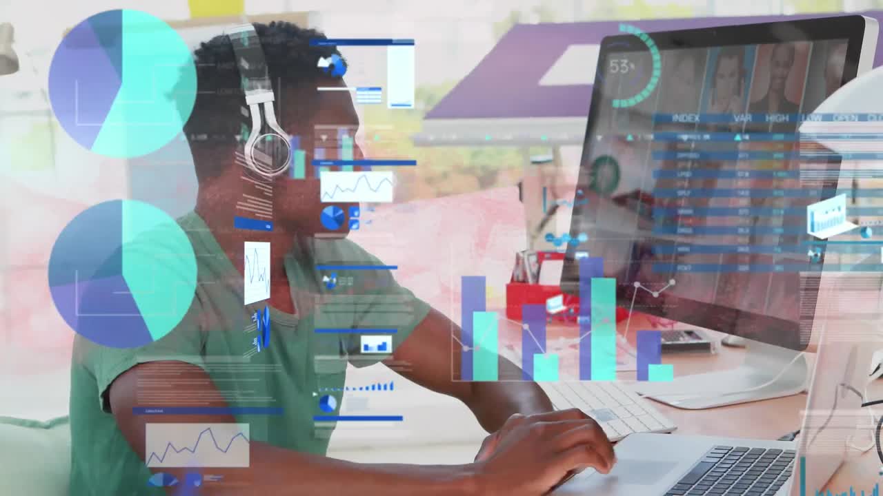 Animation of statistics and financial data processing over businessman using computer in office