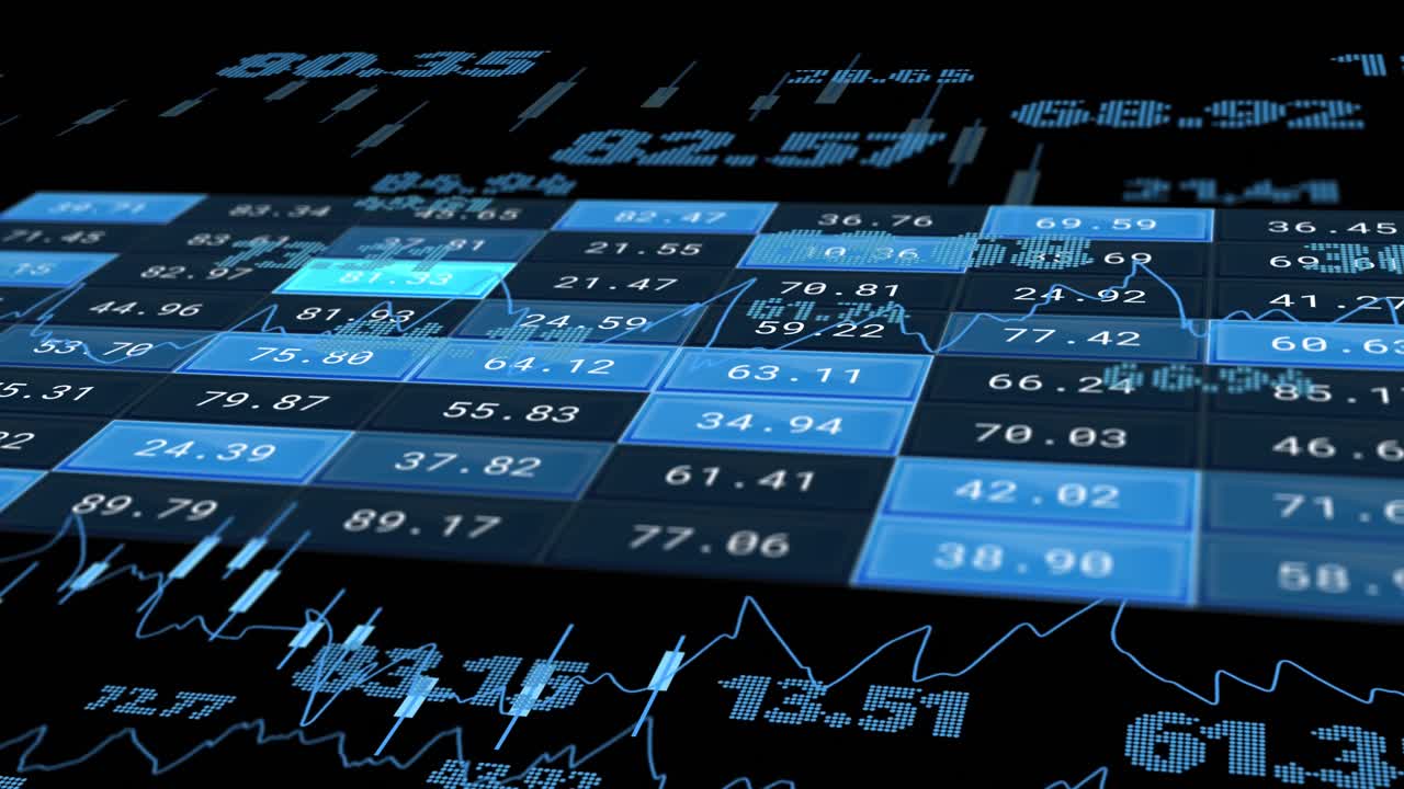 Animation of financial data processing over black background