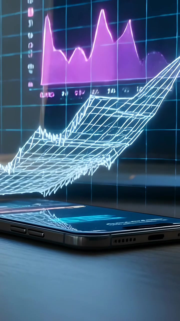 Vertikales Video: Bildschirmwelle startet Smartphone, sendet Netz nach oben auf Schreibtisch mit vertikalen Diagrammen.
