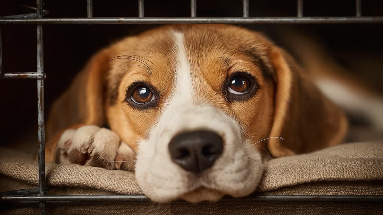 A Beagle's Expressive Eyes: Capturing the Soulful Gaze of a Dog in a Cage, Radiating Emotions of Yearning and Hope for a Loving Home