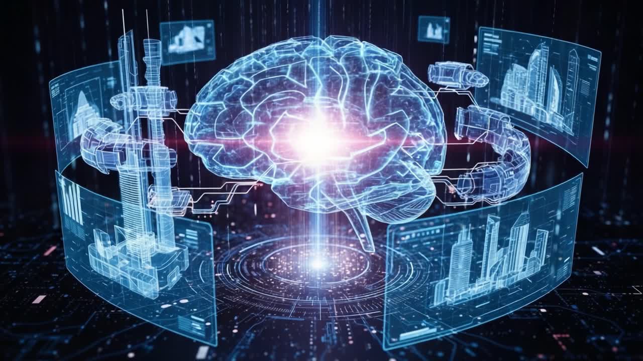 Futuristic Visualization of an Artificial Intelligence Brain Integrated with Data Panels Showcasing Technological and Architectural Concepts in a Digital Landscape