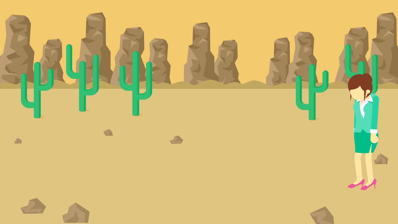 비즈니스 여성은 구에 떨어집니다. 사막의 배경. 위험 개념. 평평한 스타일의 루프 일러스트레이션.