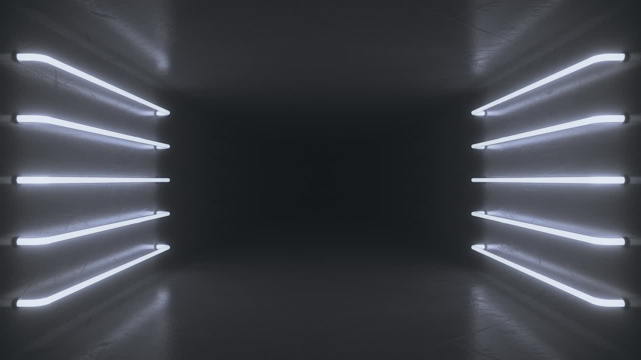 interior de una habitación negra abstracta con lámparas de neón blancas brillantes, lámparas fluorescentes. fondo de arquitectura futurista. caja con pared de hormigón. maqueta para su proyecto de diseño. bucle de animación 3d 4k