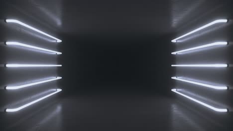 interior de una habitación negra abstracta con lámparas de neón blancas brillantes, lámparas fluorescentes. fondo de arquitectura futurista. caja con pared de hormigón. maqueta para su proyecto de diseño. bucle de animación 3d 4k