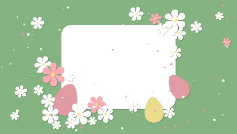 happy easter greeting card with spring flowers, easter egg in modern cartoon style on blue background. cute creative holiday frame for text. looped animation.