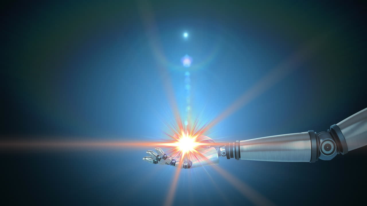 어두운 배경에서 연장된 로 ⁇  팔의 손 위에 반 ⁇ 이는 불빛의 애니메이션