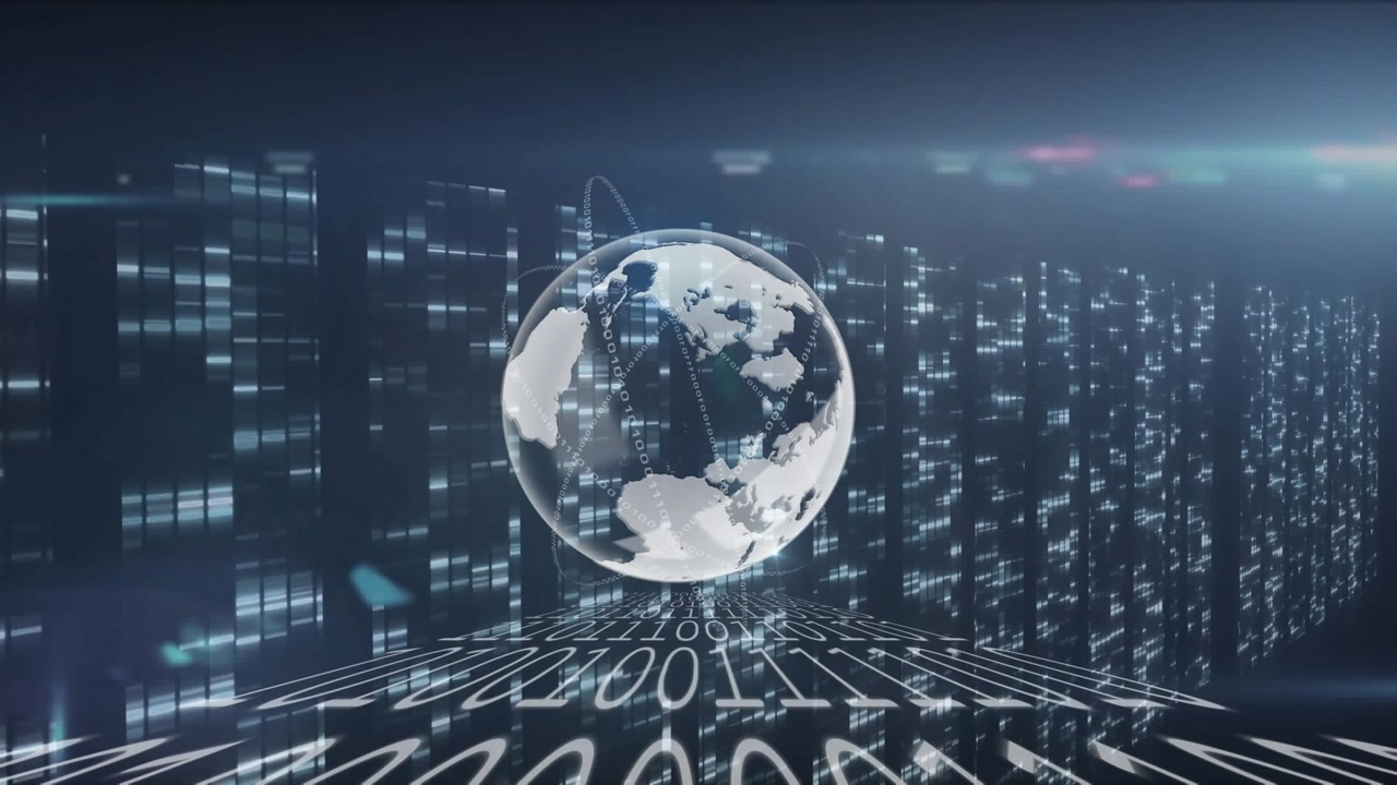 Animation of globe over data processing and moving columns on black background