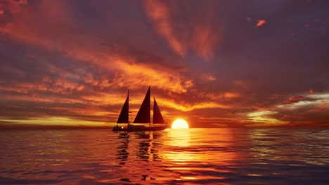 a cinematic scene of small sailing yacht boat sailing along the golden calm waters on lake, river, sea or ocean. beautiful sunset or sunrise, relaxation, calmness, sailing, sailors. luxury living