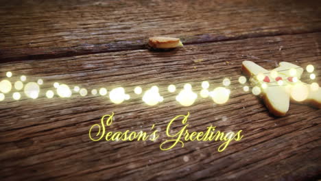animation of text, season's greetings, in yellow, over string lights and falling gingerbread man