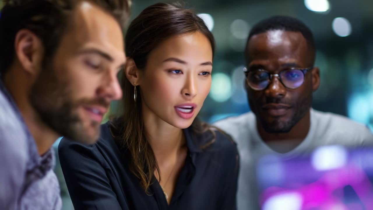 A group collaboration scene showcasing three individuals engaging in a lively discussion, emphasizing teamwork and communication in a modern workspace illuminated with soft lighting and technology in focus