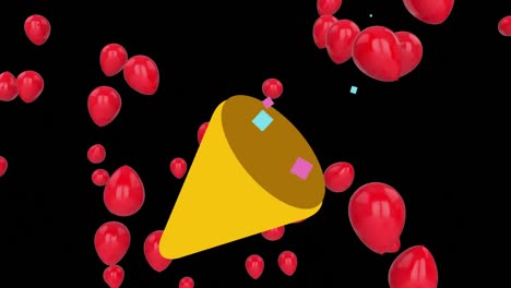 animation of floating red balloons with confetti and streamers from party cone on black background