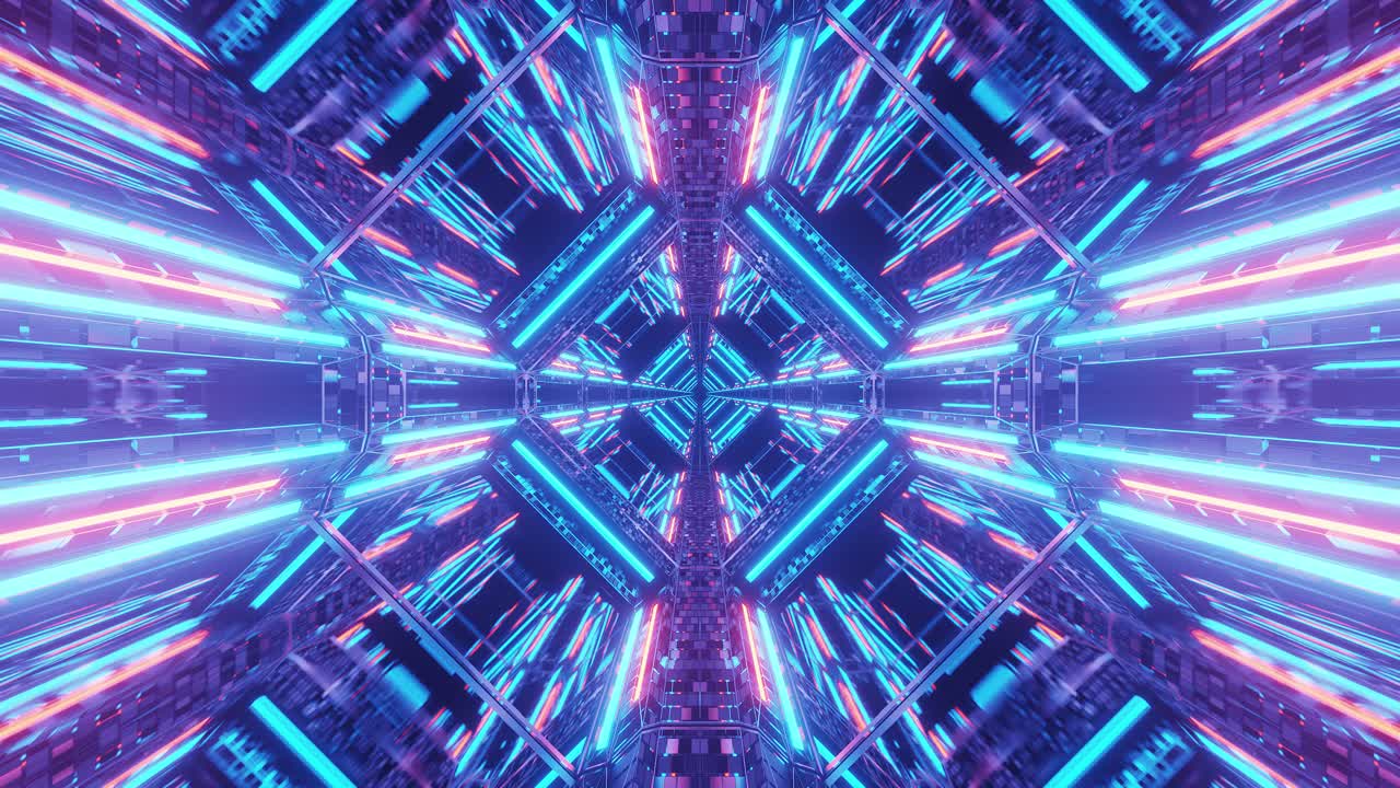 Bright Purple and Blue Beams in Square Motion Tunnel, Mirror Light Reflections