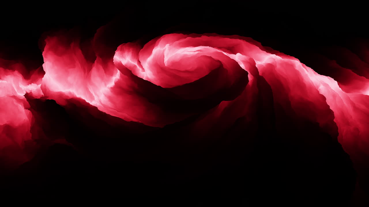 Abstract red smoke or ink cloud drifting and swirling across a deep black background, creating dramatic atmospheric motion for titles, transitions, and overlays