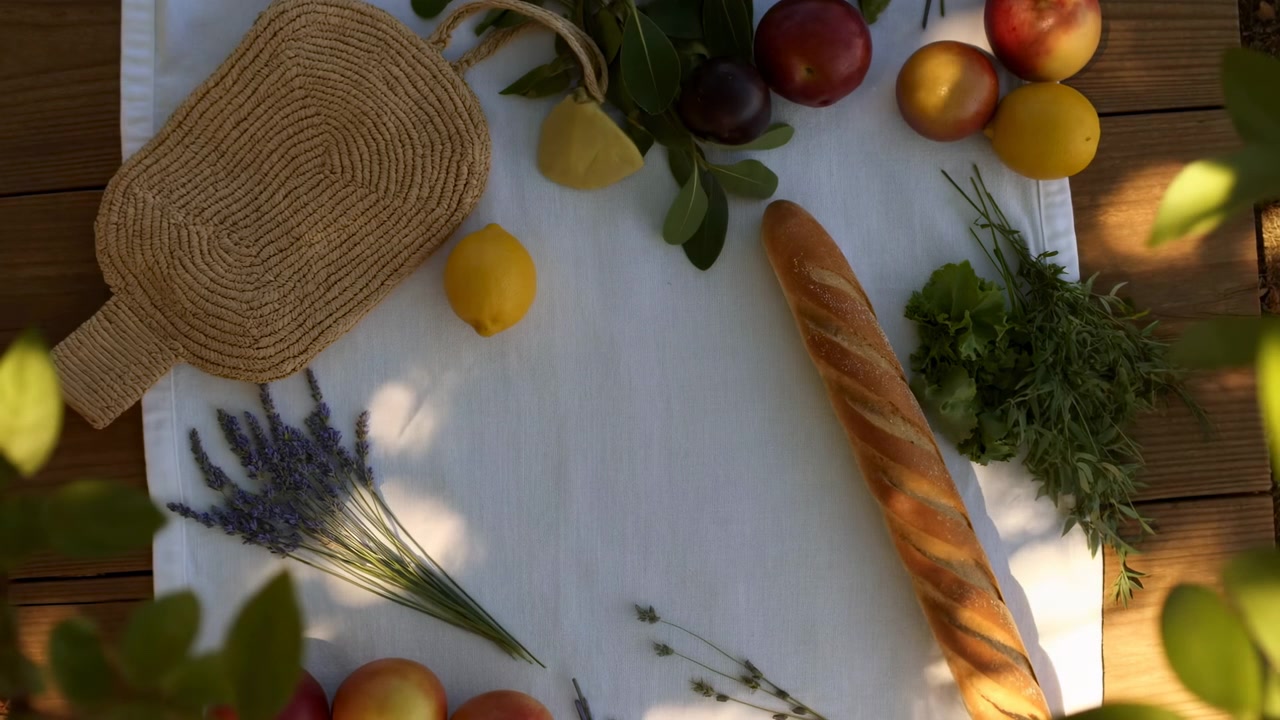 Overhead view shows sliced golden loaf with herbs, fruits, lavender and woven hat arranged on white cloth, with warm sunlight and wooden textures forming calm tabletop setting.