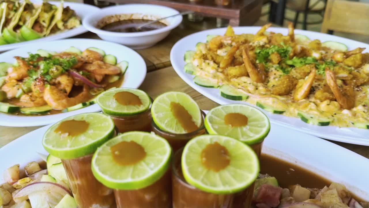 Variety of shrimp dishes prepared in different ways in style of Pacific Nayarit, and Sinaloa