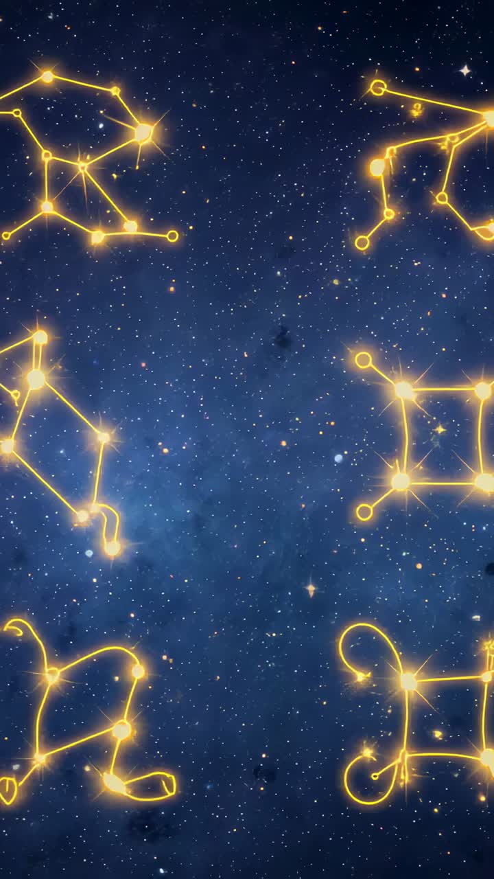 Vertical video: Looping center golden glyph column pulsing with star nodes in nebula for wallpaper