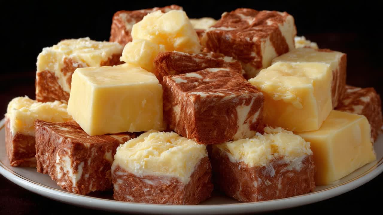 A Delicious Array of Creamy Confections: A Close-Up Look at Irresistible Fudge Squares with Rich Swirls and Varied Textures