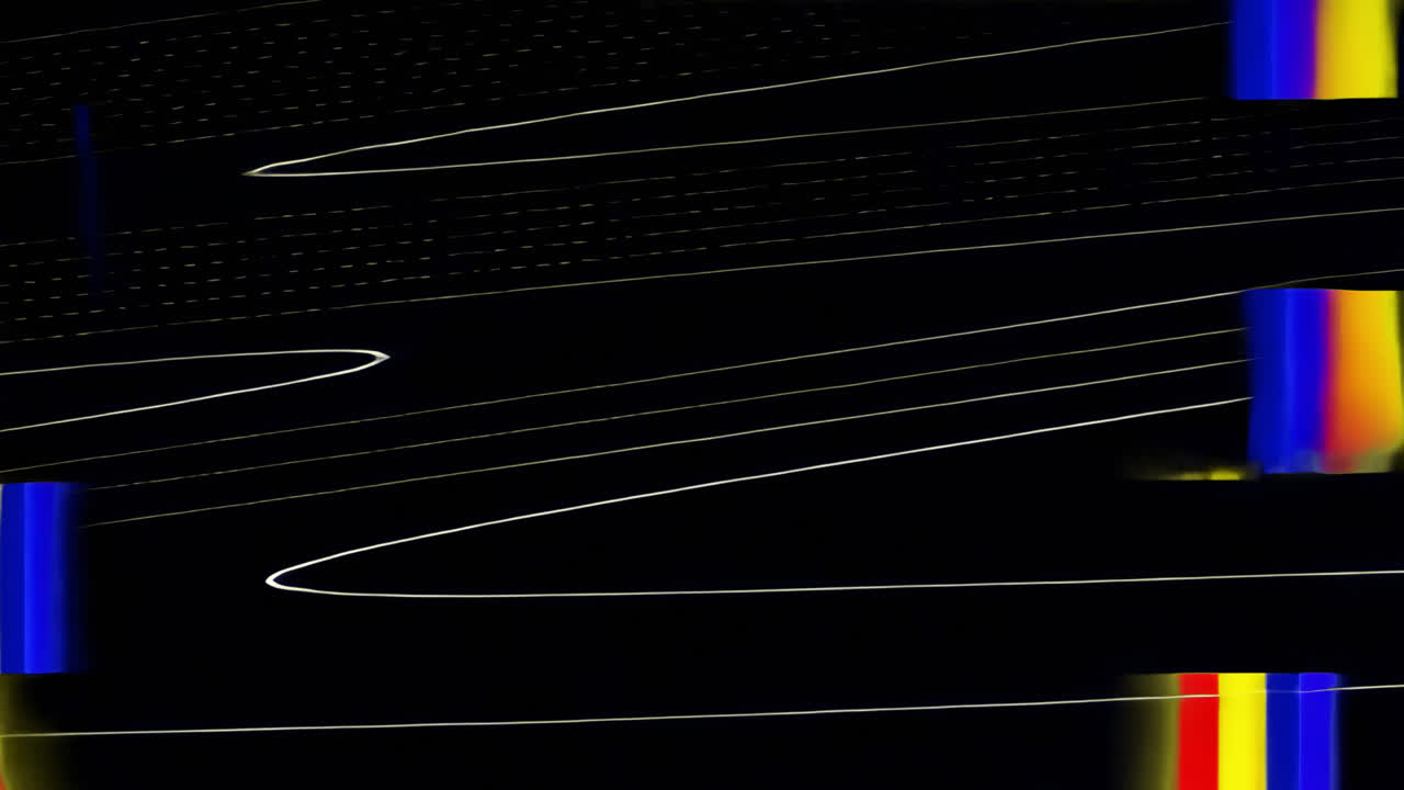 Abstract digital glitch with blue and yellow streaks on black animated overlay, transparent 4K