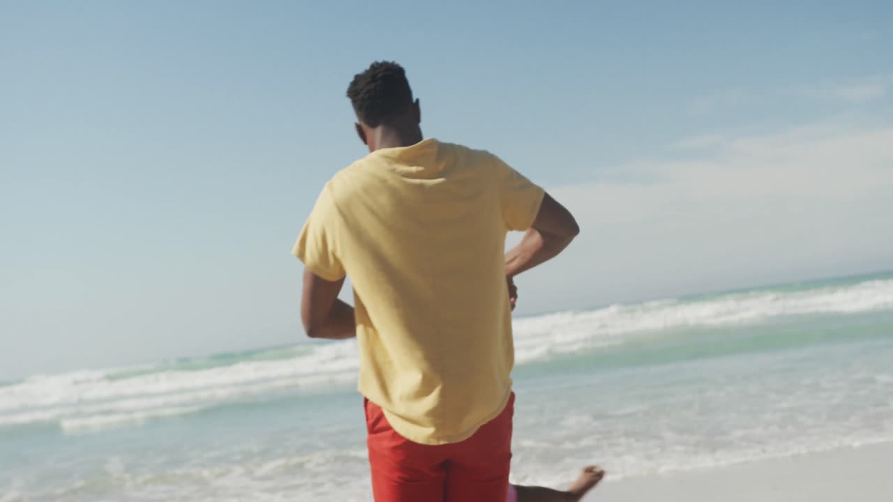 Playful african american father spinning his daughter on the beach