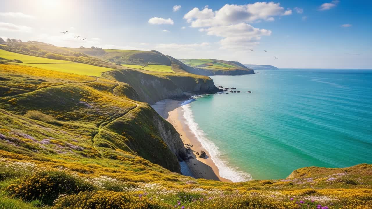 Breathtaking Coastal Landscape with Rolling Green Hills and Tranquil Blue Waters Under a Bright Sky and Gentle Waves in the Distance