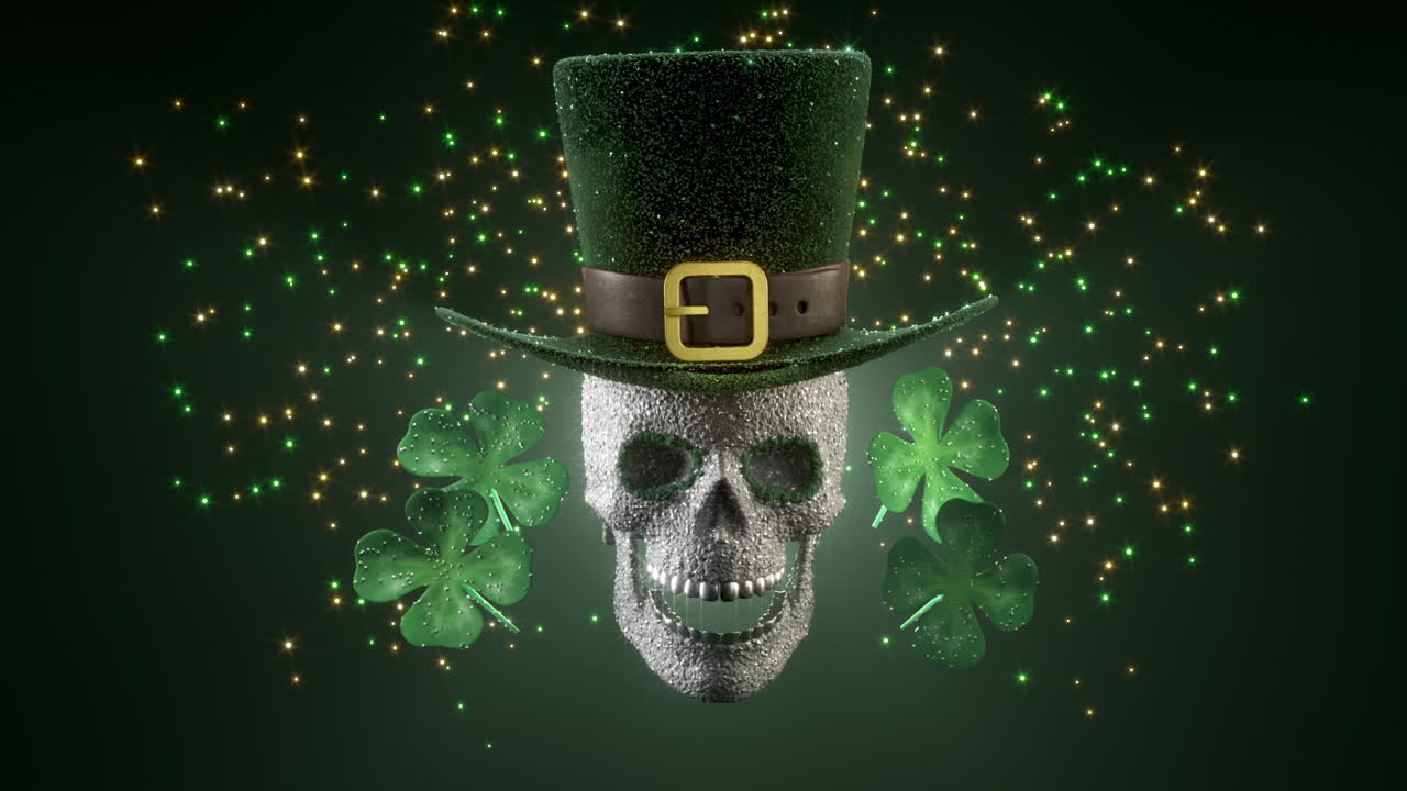 un cráneo festivo adornado con un sombrero y tréboles diseñado para la celebración del día de san patricio
