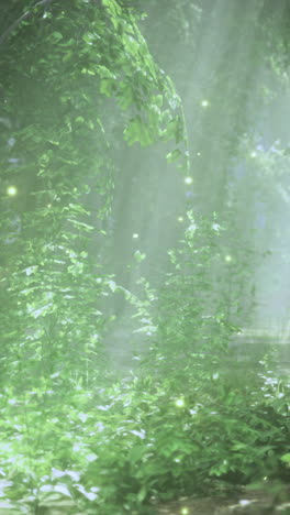 Enchanted forest with glowing lights and lush greenery in daytime