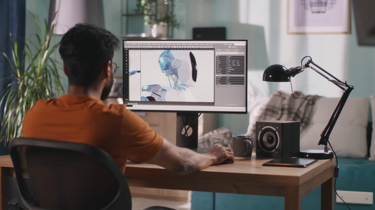 Person working on graphic design and 3D modeling projects at home.