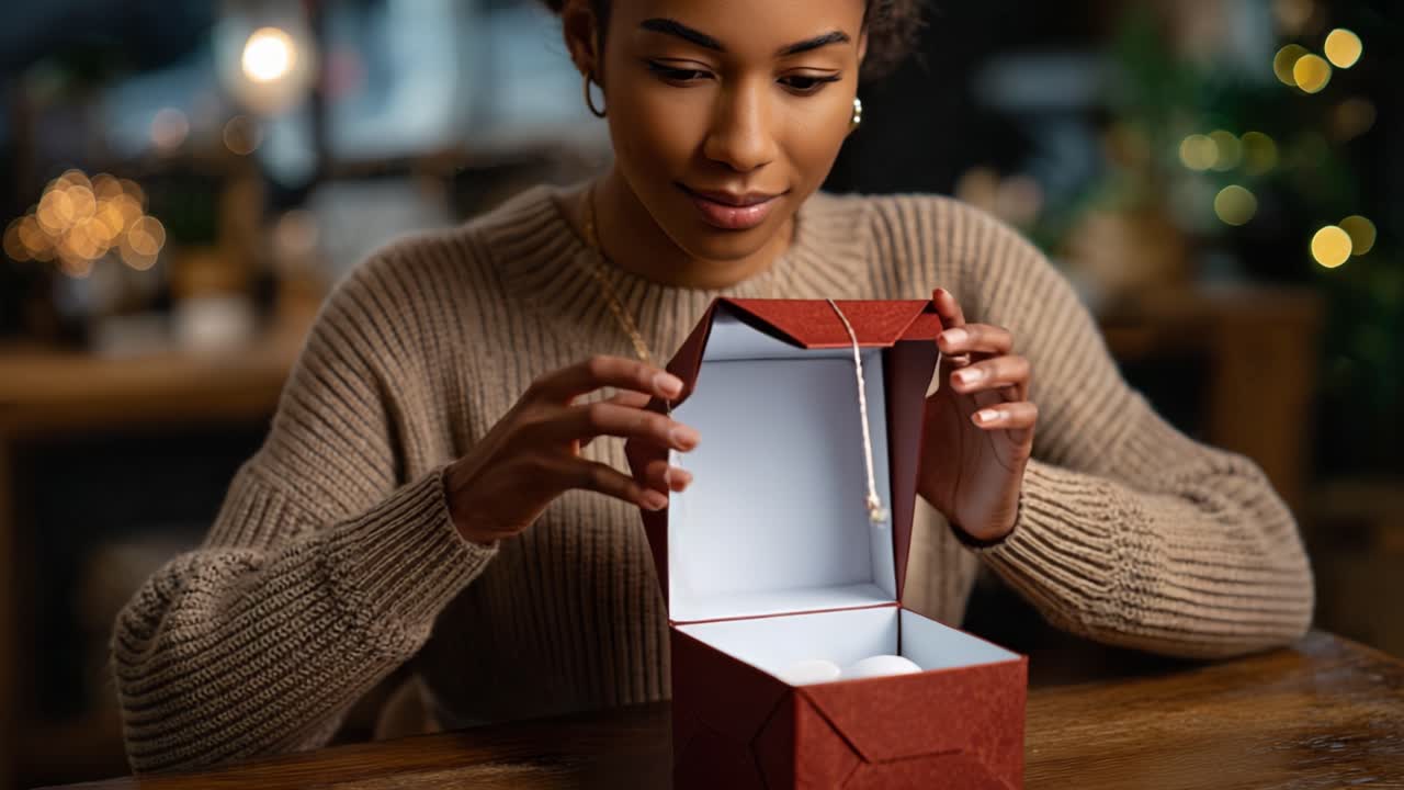 Una donna che scarta con eccitazione una scatola regalo splendidamente incartata, rivelando una sorpresa all'interno, catturando la gioia e l'attesa del dare e ricevere regali.