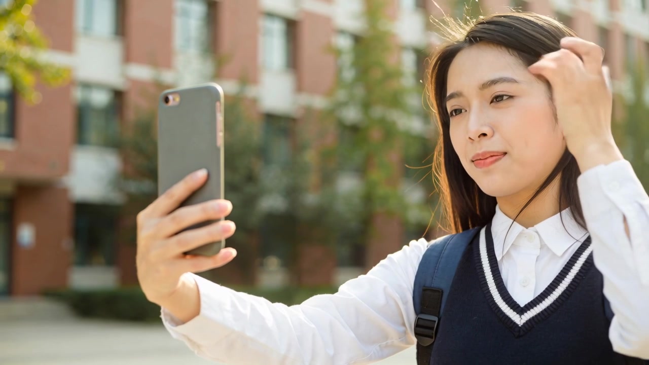 Studente con gilet blu navy che allunga il braccio, tiene il telefono nel cortile della scuola e sistema l'auricolare per un selfie.