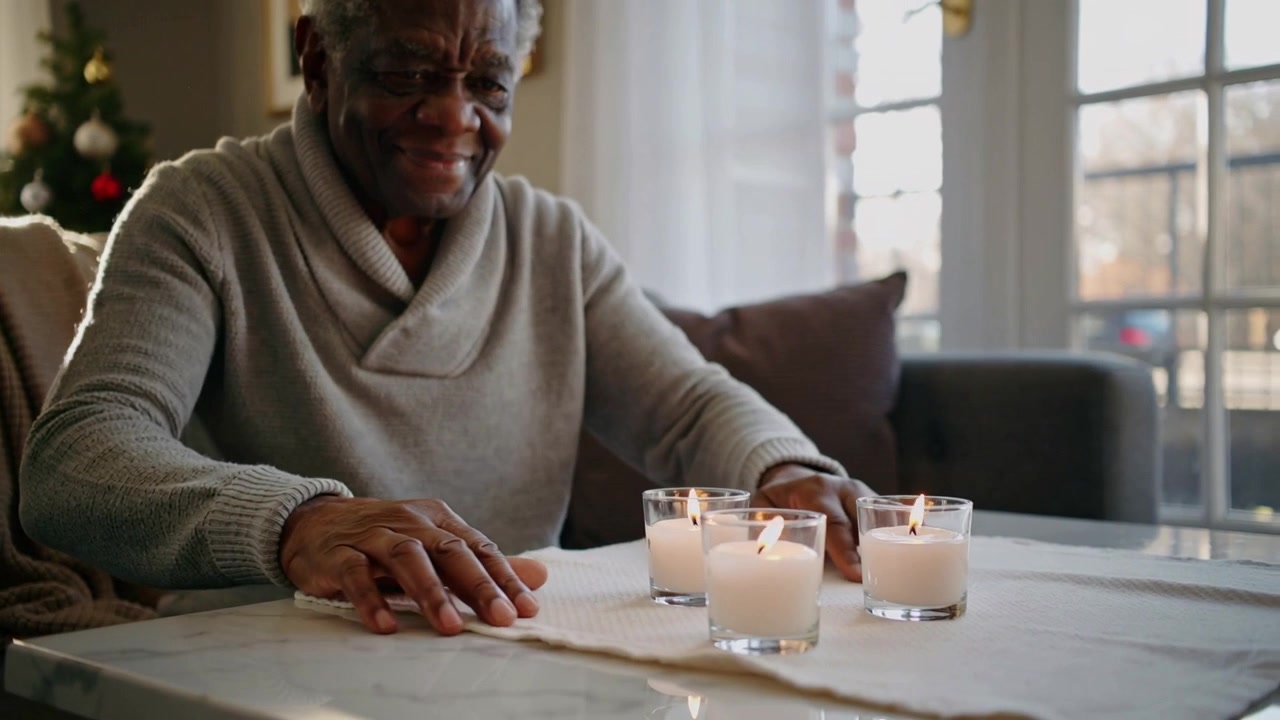 Leaning forward, senior in sweater placing three lit candles on living room table, preparing decor